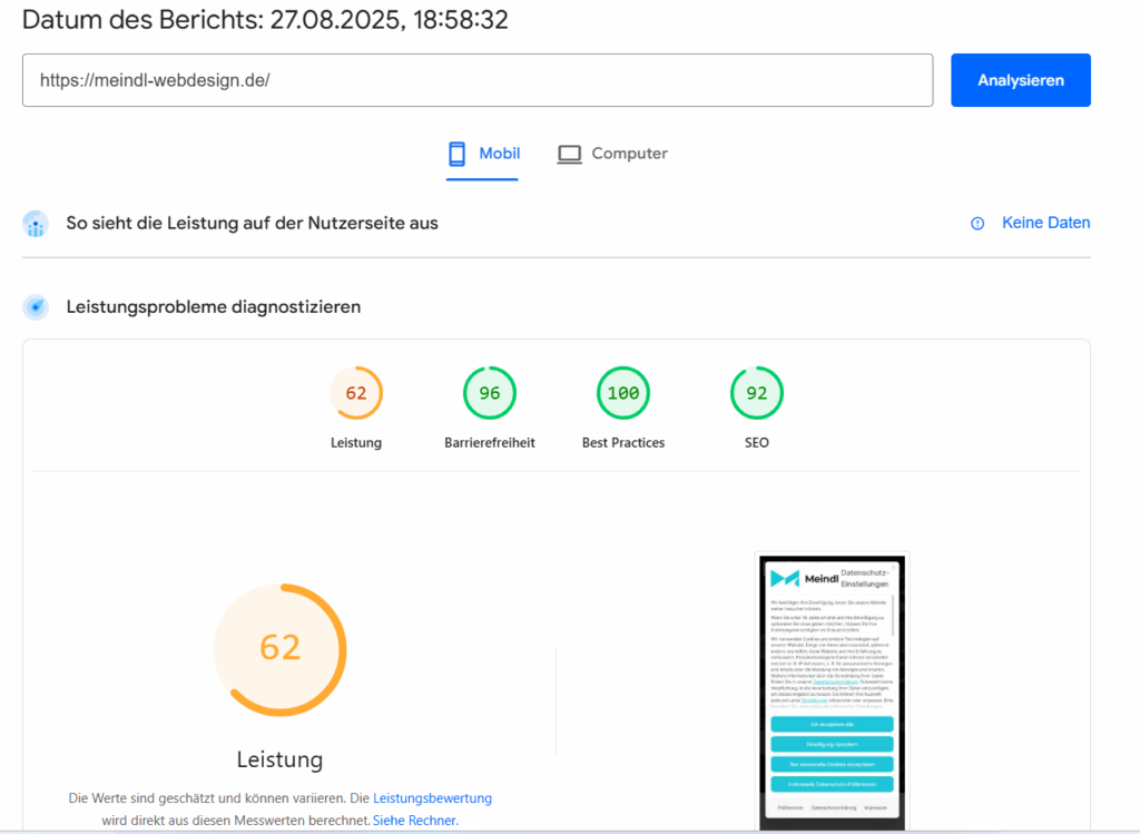 ladezeit optmieren - schlechter score